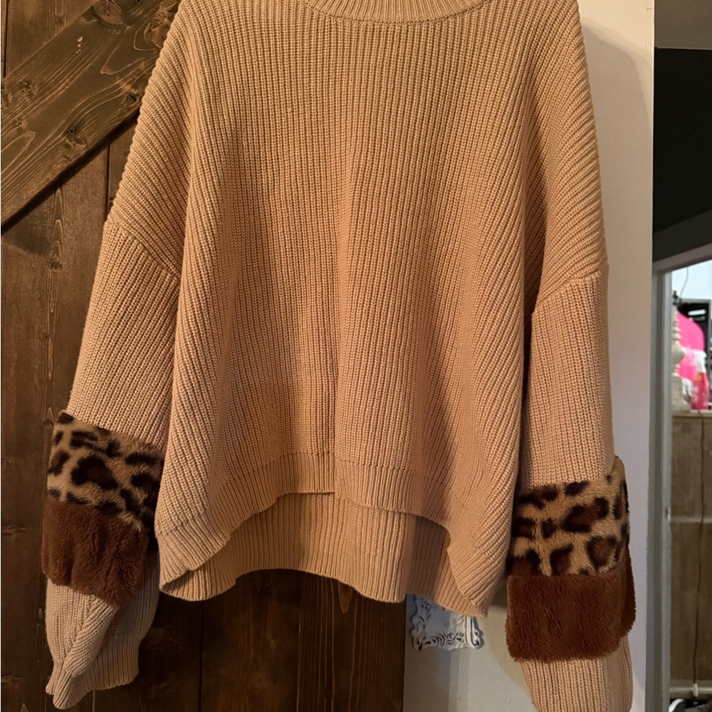 Leopard Accent Tan Sweater